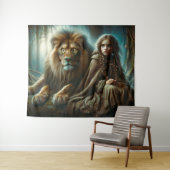 Tenture Fille avec un lion (En situation (horizontale))