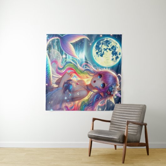 Tenture Fille d'anime chantant clair de lune pixie mermaid (En situation (horizontale))