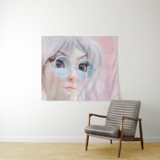 Tenture Fille d'anime pastel avec des lunettes et des cœur