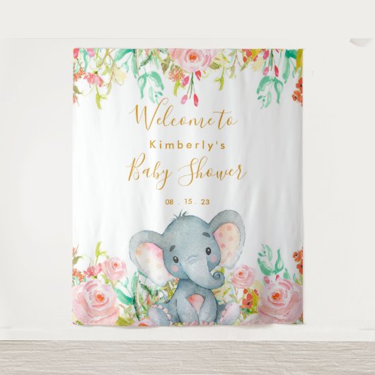 Tenture Fille Eléphant Baby shower fond (Devant)