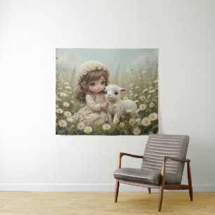 Tenture Fille vintage avec agneau dans le printemps pré