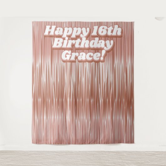 Tenture Filles 16e anniversaire Rose Gold Faux Tinsel fond (Devant)
