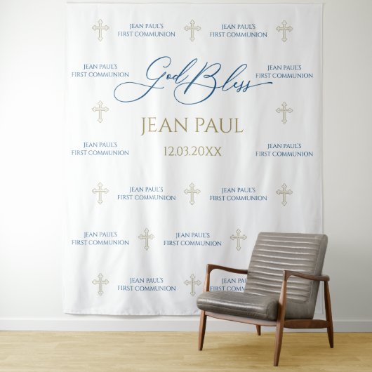 Tenture First Communion banner backdrop blue and gold (En situation)