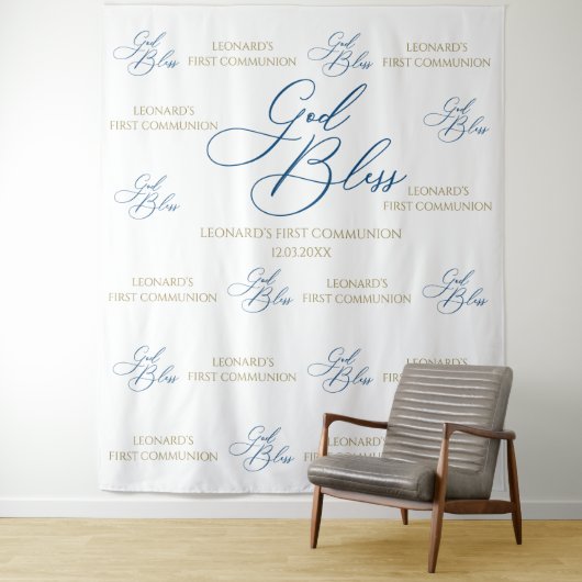 Tenture First Communion blue photobooth backdrop (En situation)
