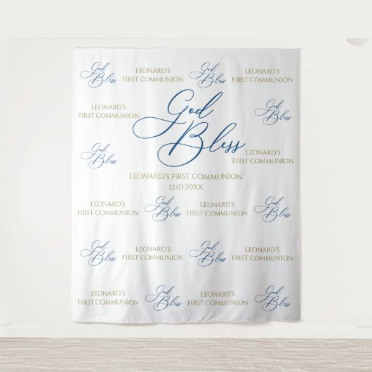 Tenture First Communion blue photobooth backdrop (Devant)