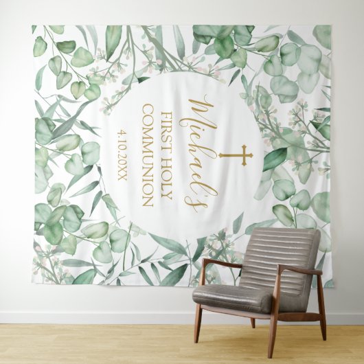 Tenture First Communion Eucalyptus greenery backdrop (En situation (horizontale))