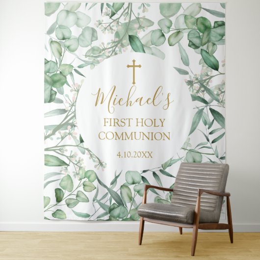 Tenture First Communion Eucalyptus greenery backdrop (En situation)