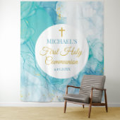 Tenture First Communion Marble blue mint modern backdrop (En situation)