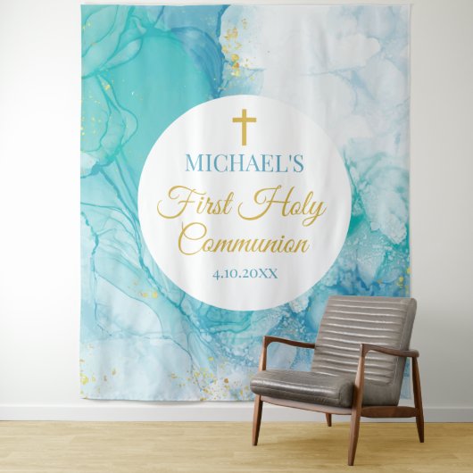 Tenture First Communion Marble blue mint modern backdrop (En situation)