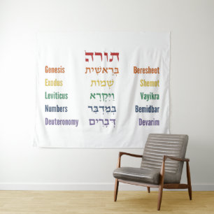 Tenture Five Books of the Torah Hebrew English in Rainbow