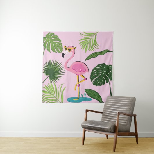 Tenture Flamant rose Palm Feuille Tropical Design (En situation)