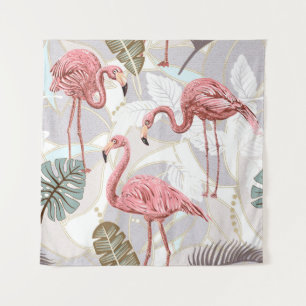 Tenture Flamants roses, palmiers feuilles : motif vintage.
