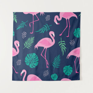 Tenture flamants roses, palmiers tropicaux, couteaux dessi