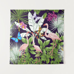 Tenture Flamants roses, plantes tropicaux : motif vintage.
