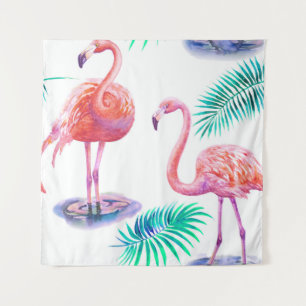 Tenture Flamants roses tropicaux : Orchidées Aquarelle tra