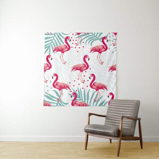 Tenture Flamingo tropical et feuille, motif d'été. (En situation)