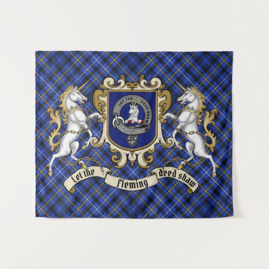Tenture Fleming Clan Badge & Unicorns avec Tartan (Devant (Horizontal))