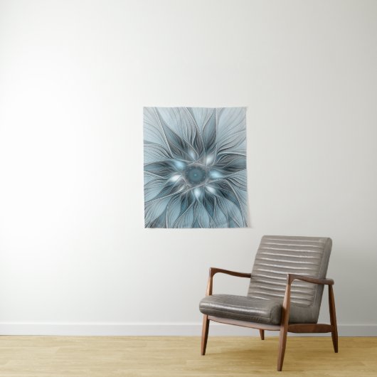 Tenture Fleur abstraite joyeuse bleu gris floral fractal (En situation)