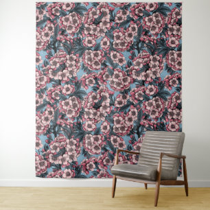 Tenture Fleur de cerisier rose et bleu