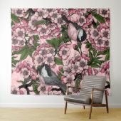 Tenture Fleur de cerisiers et poulets roses (En situation (horizontale))