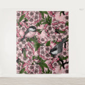 Tenture Fleur de cerisiers et poulets roses (Devant)