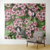 Tenture Fleur de cerisiers et poulets verts (En situation (horizontale))