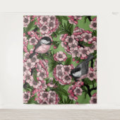 Tenture Fleur de cerisiers et poulets verts (Devant)