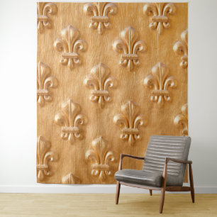Tenture fleur de lis, mur en bois doré, bois vintage