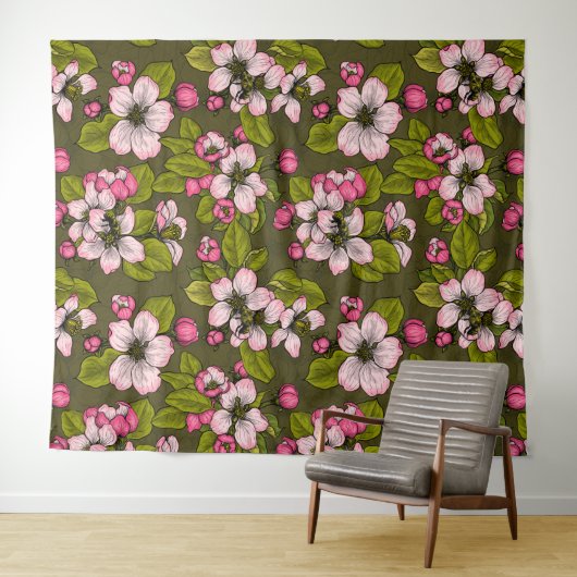 Tenture Fleur de pomme sur vert foncé (En situation (horizontale))