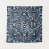 Tenture Fleur de vie à Lotus - Cristal bleu et argent (Devant (Horizontal))