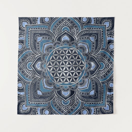 Tenture Fleur de vie à Lotus - Cristal bleu et argent (Devant (Horizontal))