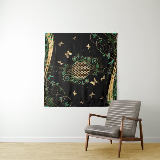 Tenture Fleur de vie - Malachite et papillons (En situation (horizontale))