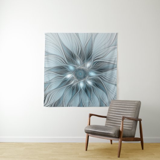 Tenture Fleur joyeuse abstraite fleur grise bleue fractale (En situation)