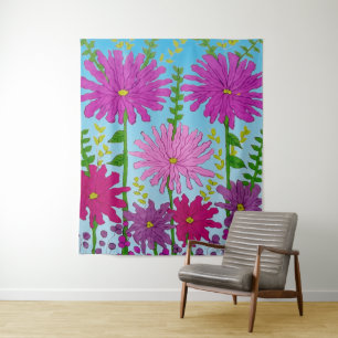Tenture Fleur rose vif Dessin bleu