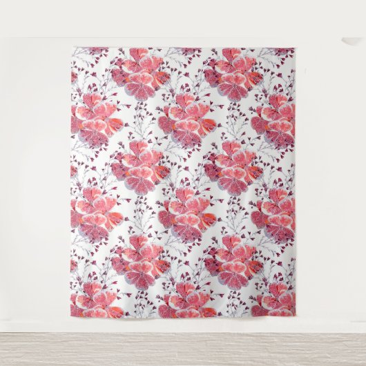 Tenture Fleur rouge rose sur blanc. (Devant)