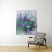 Tenture Fleur verte abstraite moderne fractale violette (En situation)