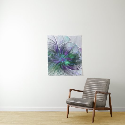 Tenture Fleur verte abstraite moderne fractale violette (En situation)