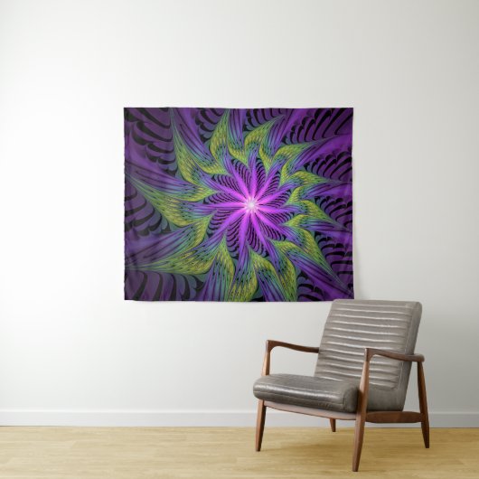 Tenture Fleuron vert violet Art Abstrait fractal moderne (En situation (horizontale))
