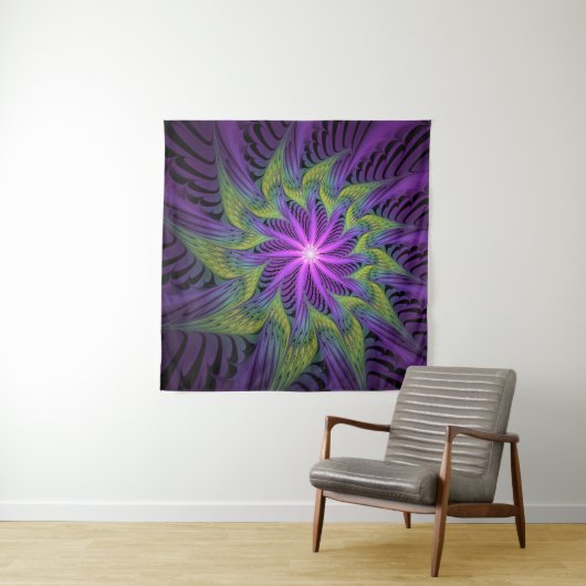 Tenture Fleuron vert violet Art Abstrait fractal moderne (En situation (horizontale))