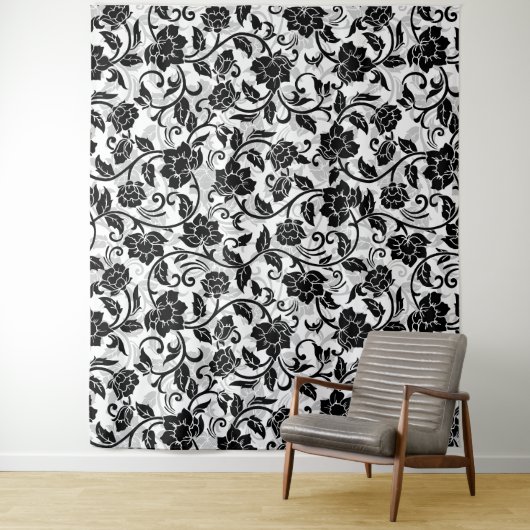 Tenture Fleurs à rayures noir et gris (En situation)