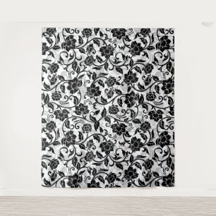 Tenture Fleurs à rayures noir et gris