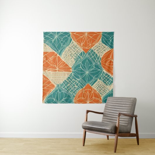 Tenture Fleurs abstraites sarcelle, orange et chamois (En situation)