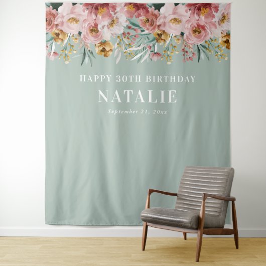 Tenture Fleurs aquarelle girly 30 ans bleu chic  (En situation)