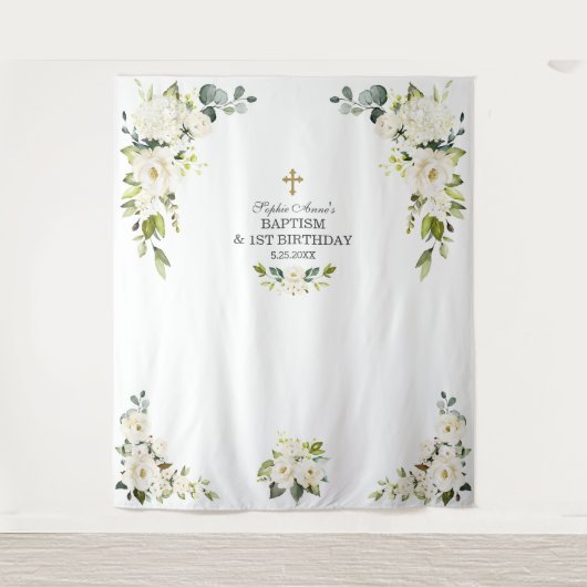 Tenture Fleurs blanches de charme Prop pour baptême de 1er (Devant)