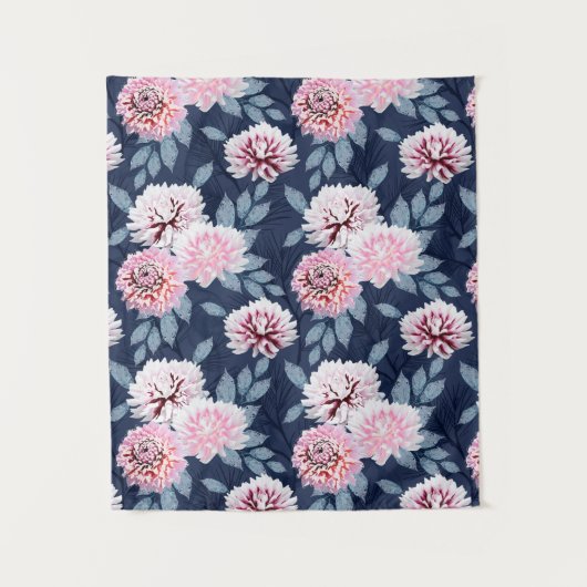 Tenture Fleurs blanches et roses sur bleu foncé. (Devant)