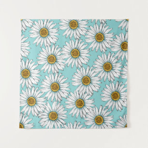 Tenture Fleurs blanches marguerites sur Pat vintage bleu s