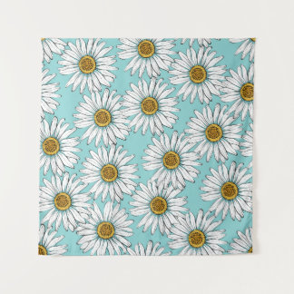 Tenture Fleurs blanches marguerites sur Pat vintage bleu s