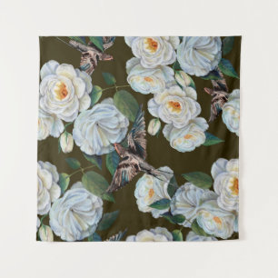 Tenture Fleurs blanches rose avec dessin feuille en pastel