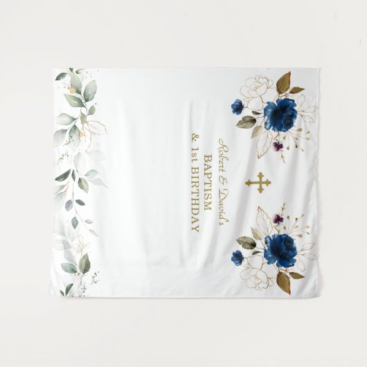 Tenture Fleurs Bleues Garçons Jumeaux 1er Anniversaire Bap (Devant (Horizontal))