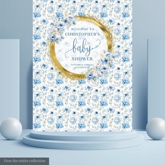 Tenture Fleurs bleues pastel adorables shower bébé doré